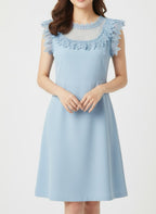 Blue dress with chiffon and lace at bust and collar.