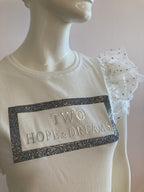 White t-shirt with rhinestones and tulle sleeves