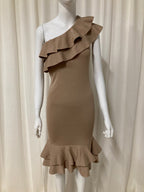Beige asymmetric ribbed ruffle tube dress