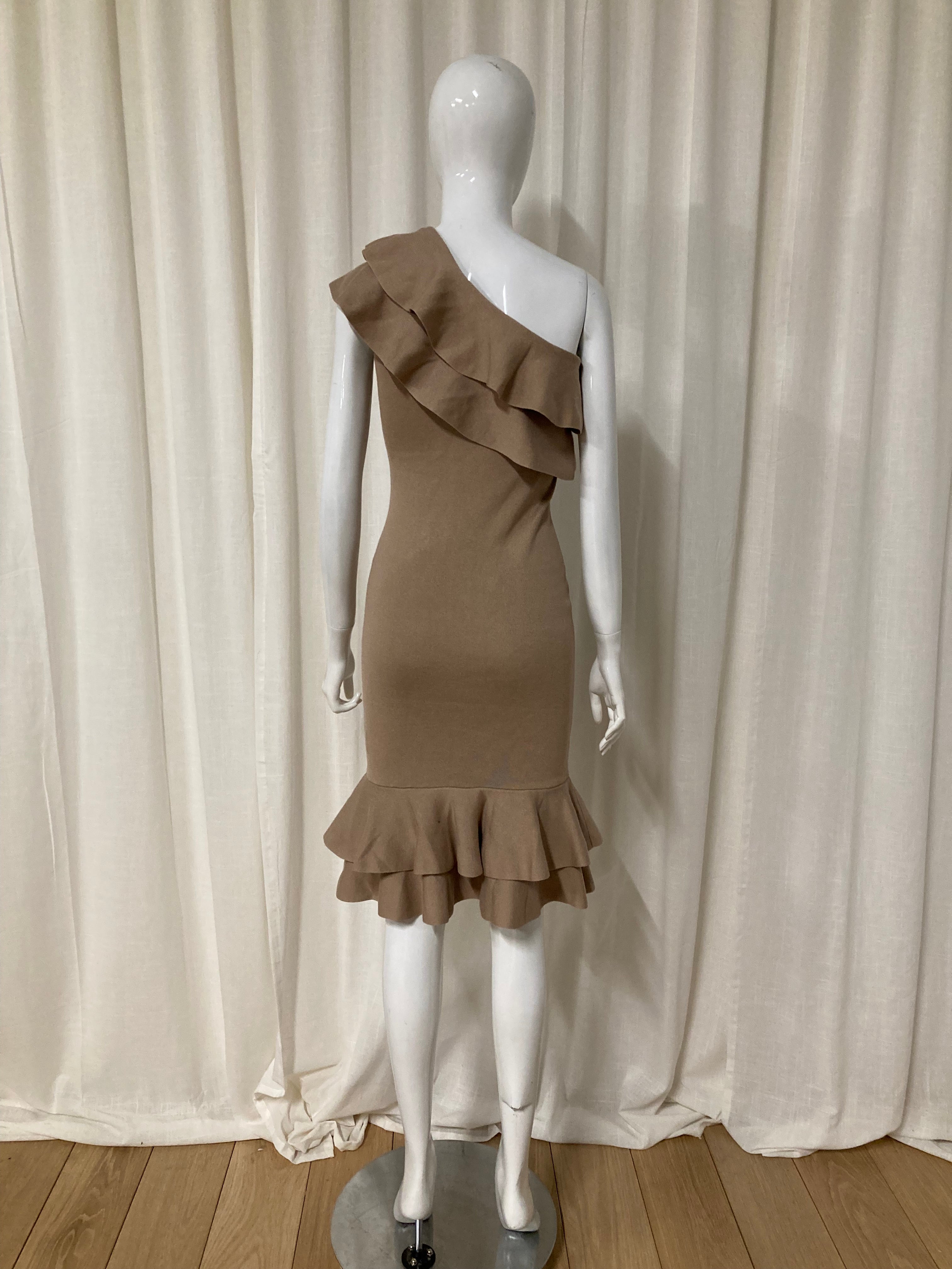 Beige asymmetric ribbed ruffle tube dress