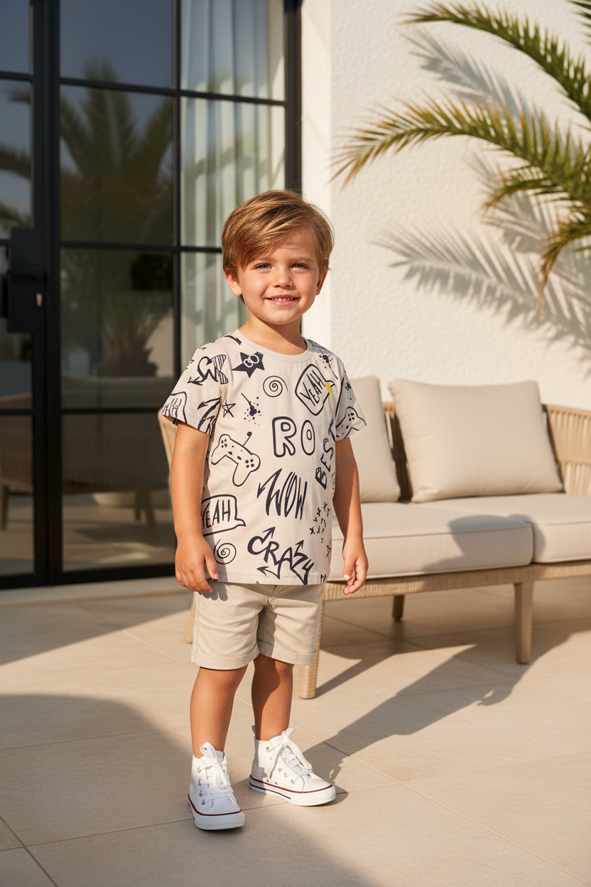 Free Star Jongens T-shirt Taupe met Graffiti- en Gamingprint