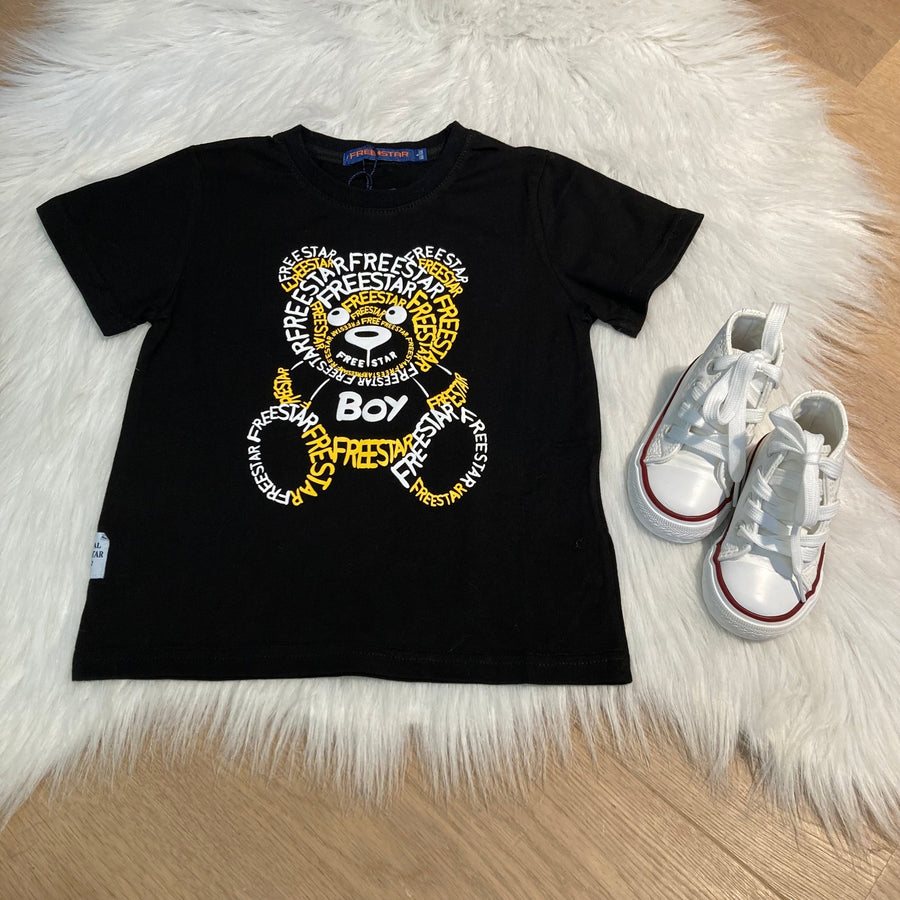 Free Star Jongens T-shirt Zwart met Geel-Witte Beerprint