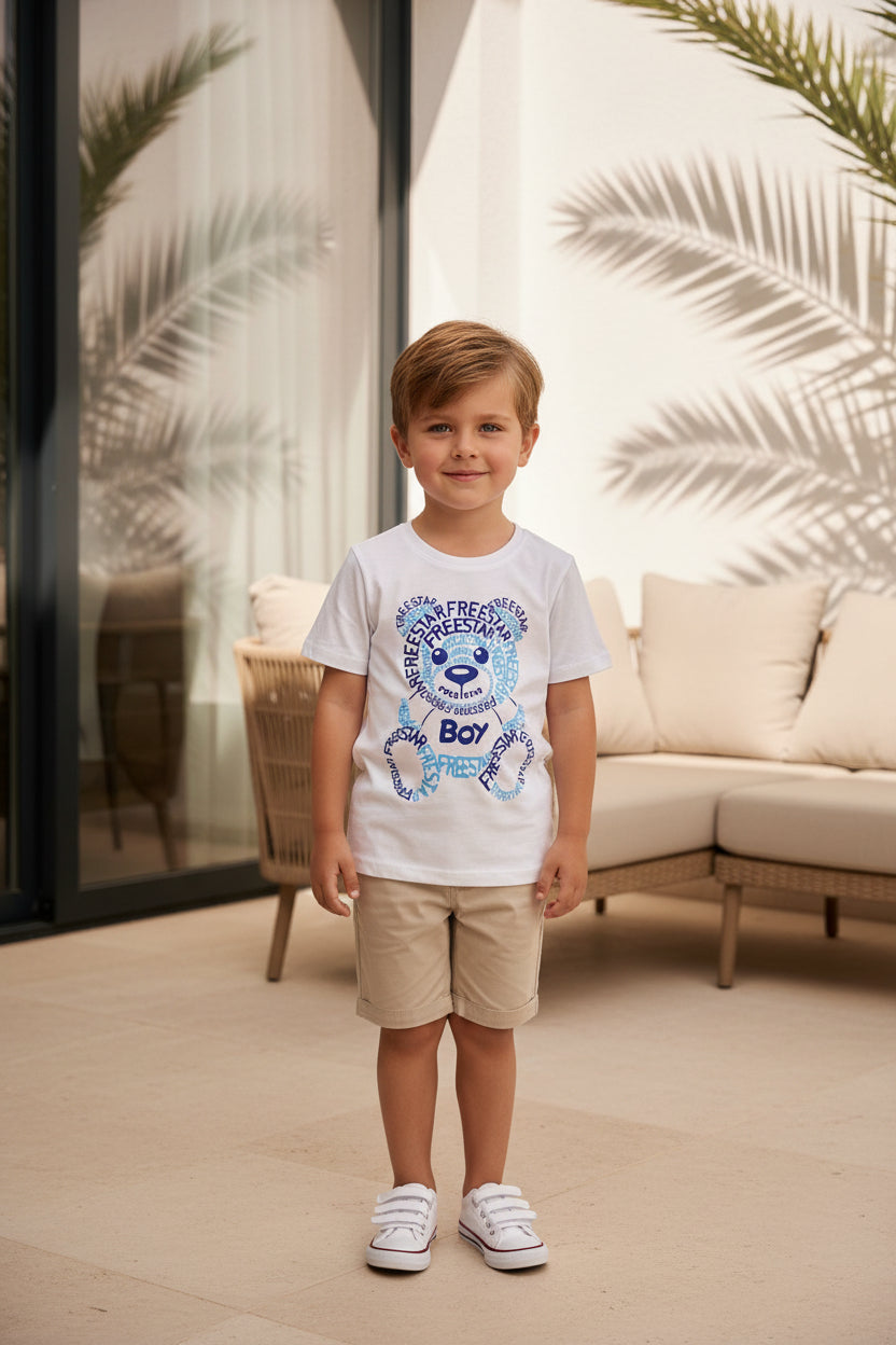 Free Star Wit Jongens T-shirt met Blauwe Beerprint