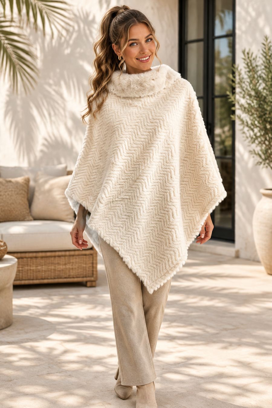 Promise Dames Poncho Crème met Fluffy Kraag – One Size 1