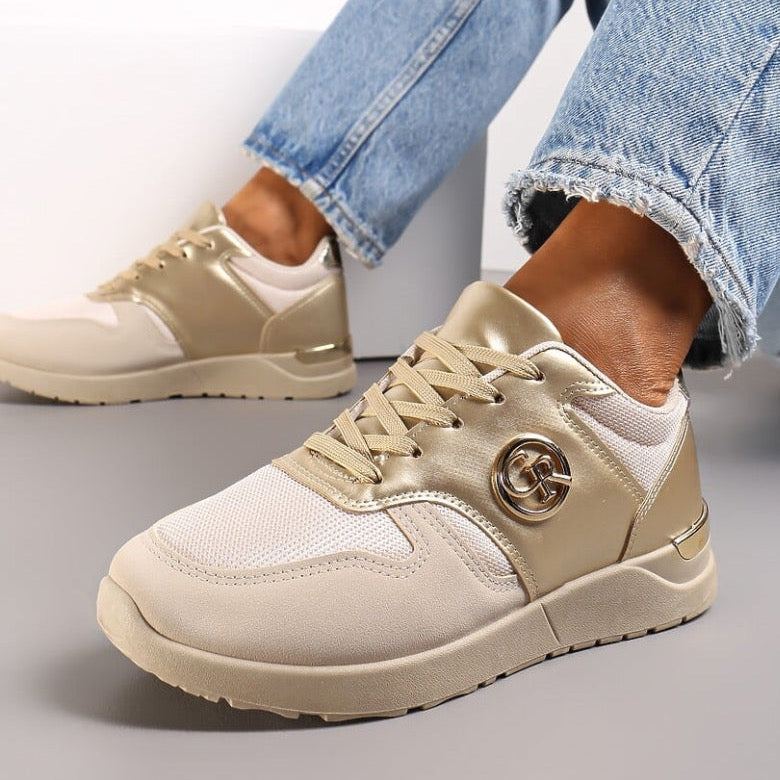 Mulanka Beige & Gouden Dames Sneaker – Comfortabele Fashion Sneaker met Gouden Details